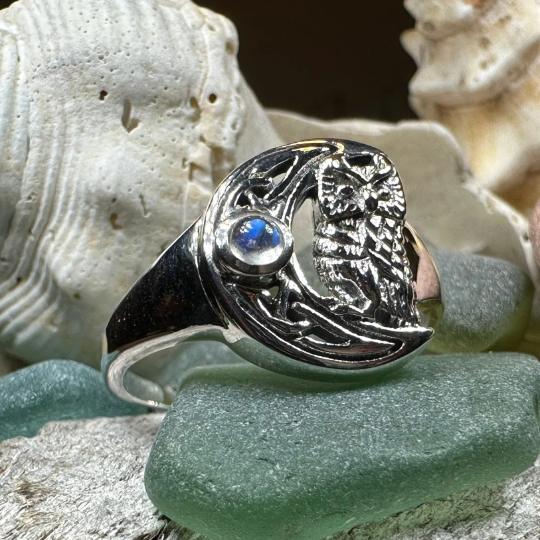 Celtic Owl Moon Ring with Moonstone
