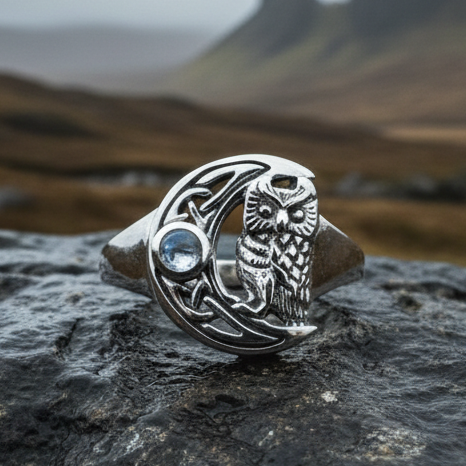 Celtic Owl Moon Ring with Moonstone