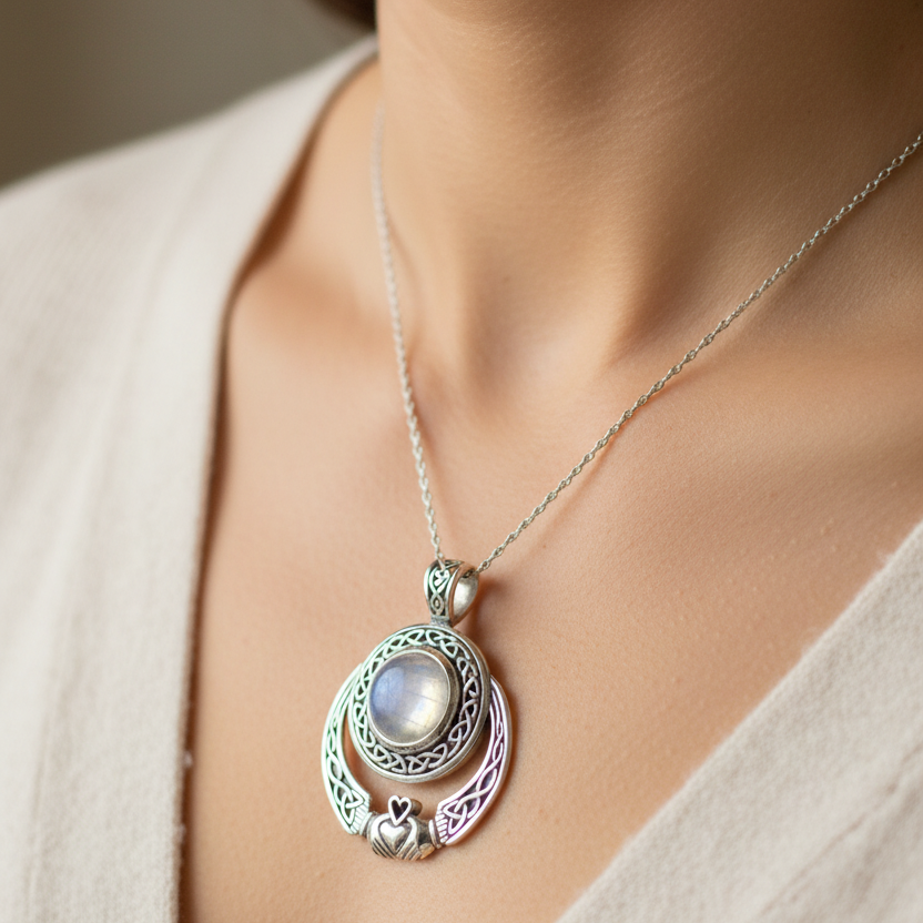Morna Irish Claddagh Necklace in Sterling Silver — view 2