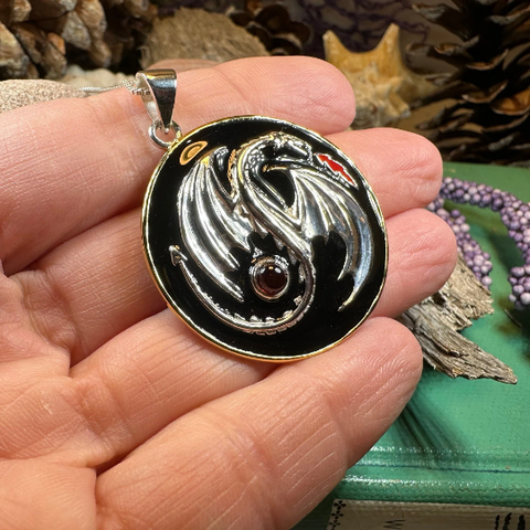 Load image into Gallery viewer, Dragon Yin Yang Garnet Necklace in Sterling Silver
