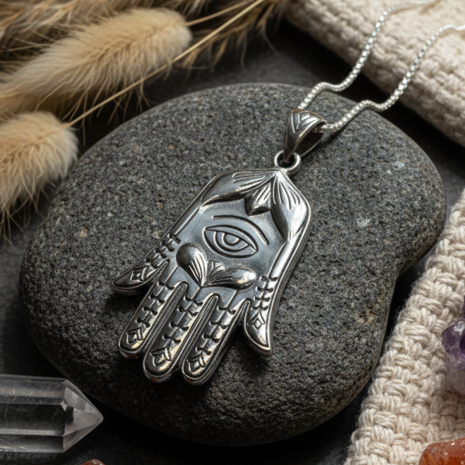 Boho Love Hamsa Hand Necklace in Sterling Silver