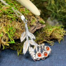 Load image into Gallery viewer, Solid Sterling Silver Rowan tree Pendant with carnelian stone &quot;berries&quot;. Celtic symbol represents the connection of all living things. Sterling silver necklace with red carnelian to create this mystical tree - known as the Goddess Tree!
