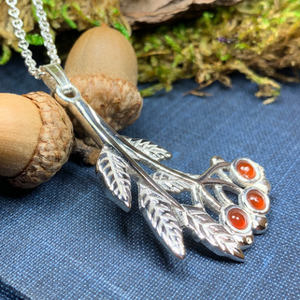 Solid Sterling Silver Rowan tree Pendant with carnelian stone "berries". Celtic symbol represents the connection of all living things. Sterling silver necklace with red carnelian to create this mystical tree - known as the Goddess Tree!