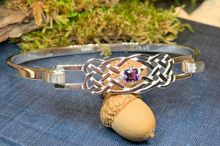 Load image into Gallery viewer, Solid sterling silver Celtic bangle bracelet with authentic amethyst stone. Celtic knot work bracelet crafted from sterling silver with a 1 carat square cut amethyst stone with deep purple color.
