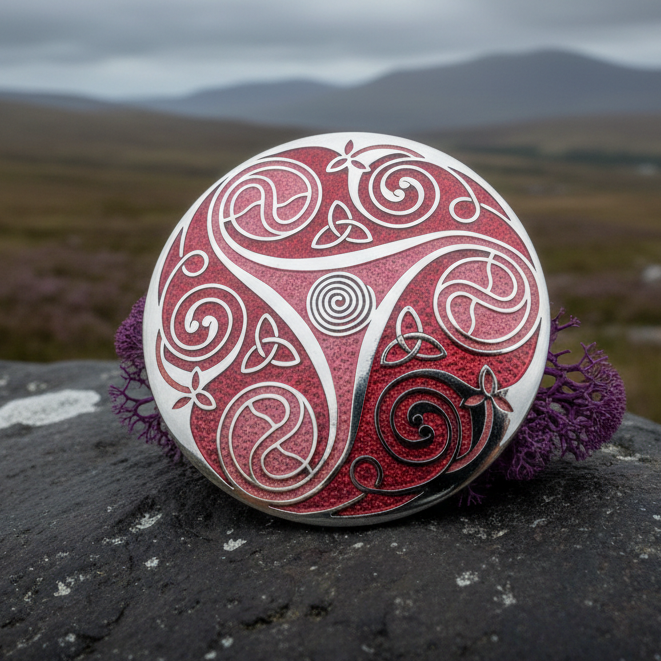 Round Enamel Triskele Knot Brooch in pewter