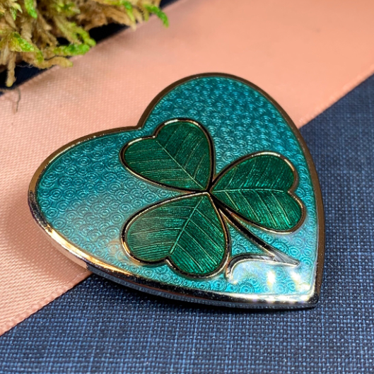 Enamel Shamrock Heart Brooch in pewter