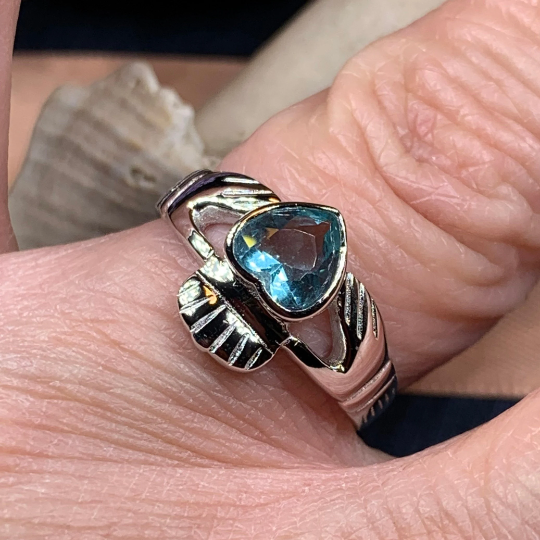 Blue Topaz Irish Claddagh Ring in Sterling Silver — view 4