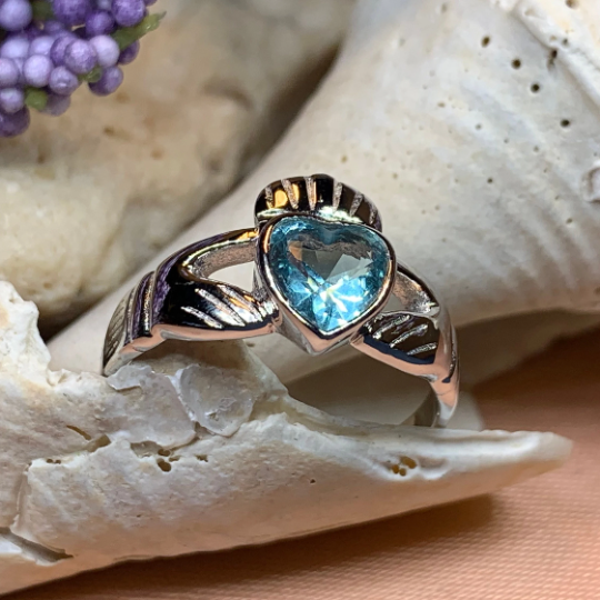 Blue Topaz Irish Claddagh Ring in Sterling Silver — view 3