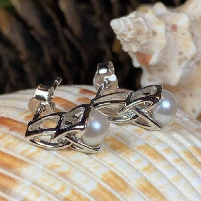 Trinity Knot Pearl Post Earring - Handmade in Ireland — view 4