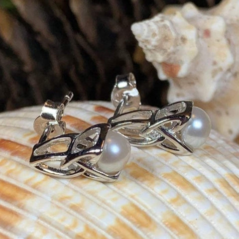 Load image into Gallery viewer, Trinity Knot Pearl Post Earring - Handmade in Ireland
